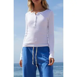 John Galt Women's White Athern Ribbed Long Sleeve Top