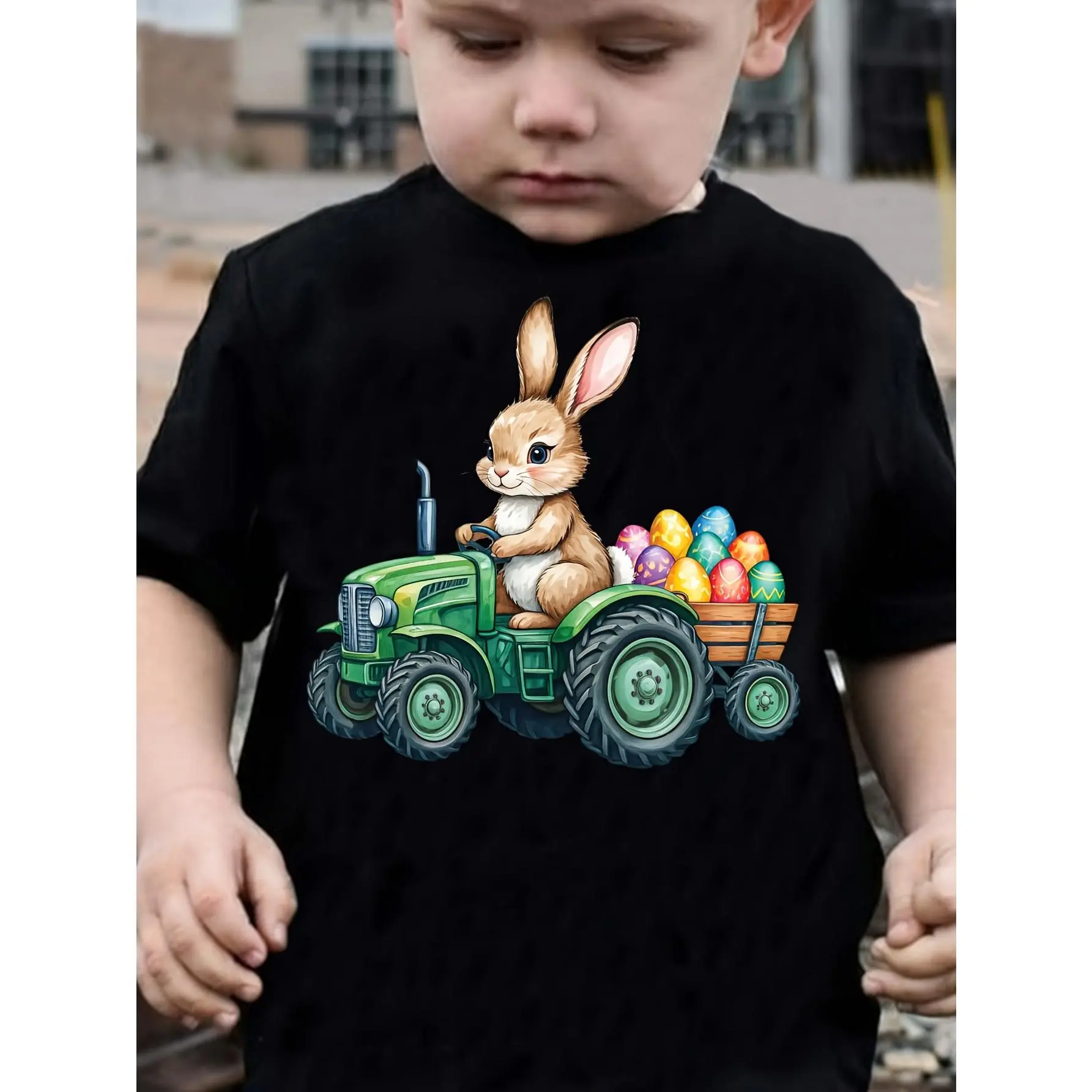 Boys' Cotton Slight Stretch Easter Themed T-Shirt, Round Neck Short Sleeve, Creative Boy Driving Rabbit Egg Animal Print, Spring/Summer Kids' Fashion Top