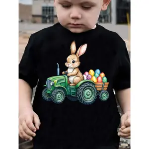 Easter Boy Driving a Rabbit Easter Egg Creative Animal Print Fashion Spring/Summer Round Neck Short Sleeve T-Shirt