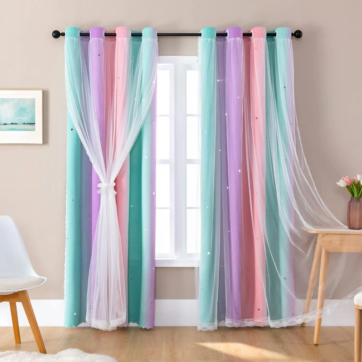Purple Unicorn Print Blackout Window Curtain Panel - 63x34 in Light Blocking Blackout Window Cover, Purple Unicorn Design for Girls' Kids Bedroom (Home Supplies), Rainbow