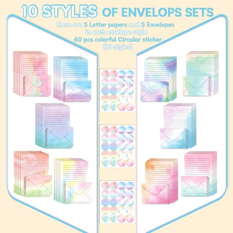 160 Packs Stationery Paper Set (50 Double Sided Stationery Writing Papers 50 Matching Envelopes) 60 Round Dot Sticker, 10 Design(Watercolor,5.5 x 8.25 Inch)