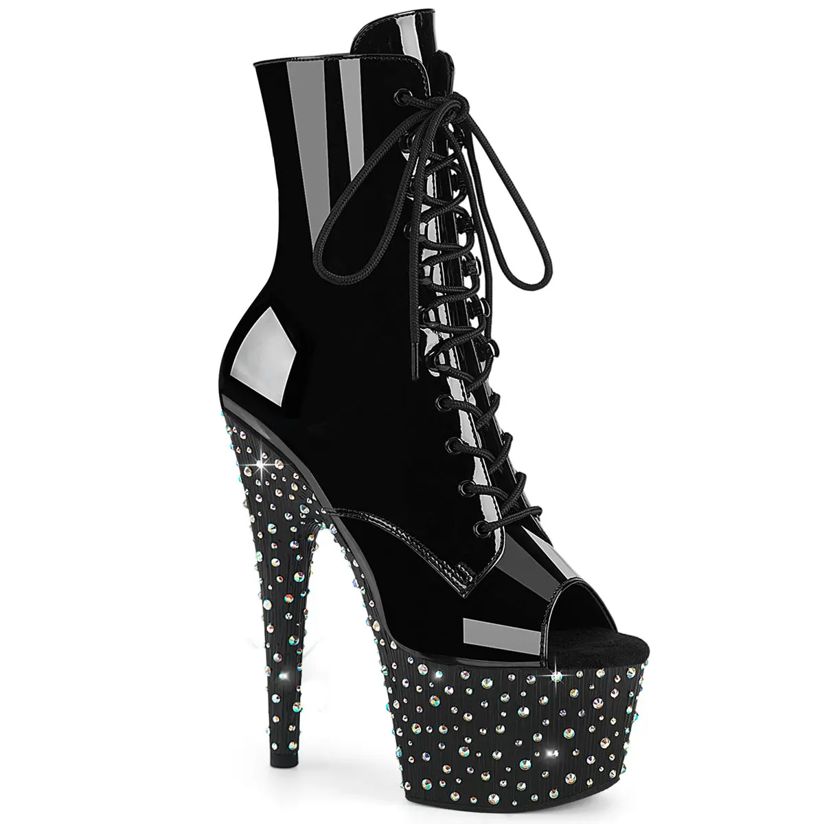 Pleaser Stardance-1021 Ankle Boots for Women, Black Patent Peep Toe Lace-Up High Heels with a 7" Heel and Multicolor Rhinestone Platform, Footwear