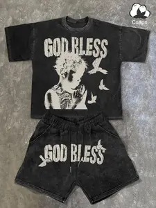 Vintage Acid Wash "God Bless" Graphic Oversized Tee and Shorts 2-Piece Set | Heavyweight Cotton Retro Grunge Streetwear Co-ord | Premium Distressed Summer Outfit for Men & Women Daily Street Style