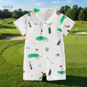 Global Baby Boys Summer Short Sleeve Lapel Golf Embroidery Tops and Drawstring Shorts Baby Boy Girl Golf Romper Half Button-up Lapel Neck Short Sleeve Bodysuit Summer Clothes
