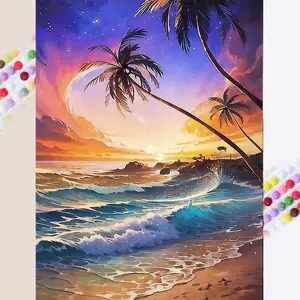 1 set of DIY diamond painting kit, 5D diamond art set, DIY decoration beach, palm tree, sunset. Mosaic, diamond art, DIY art home decor. Wall Art Painting