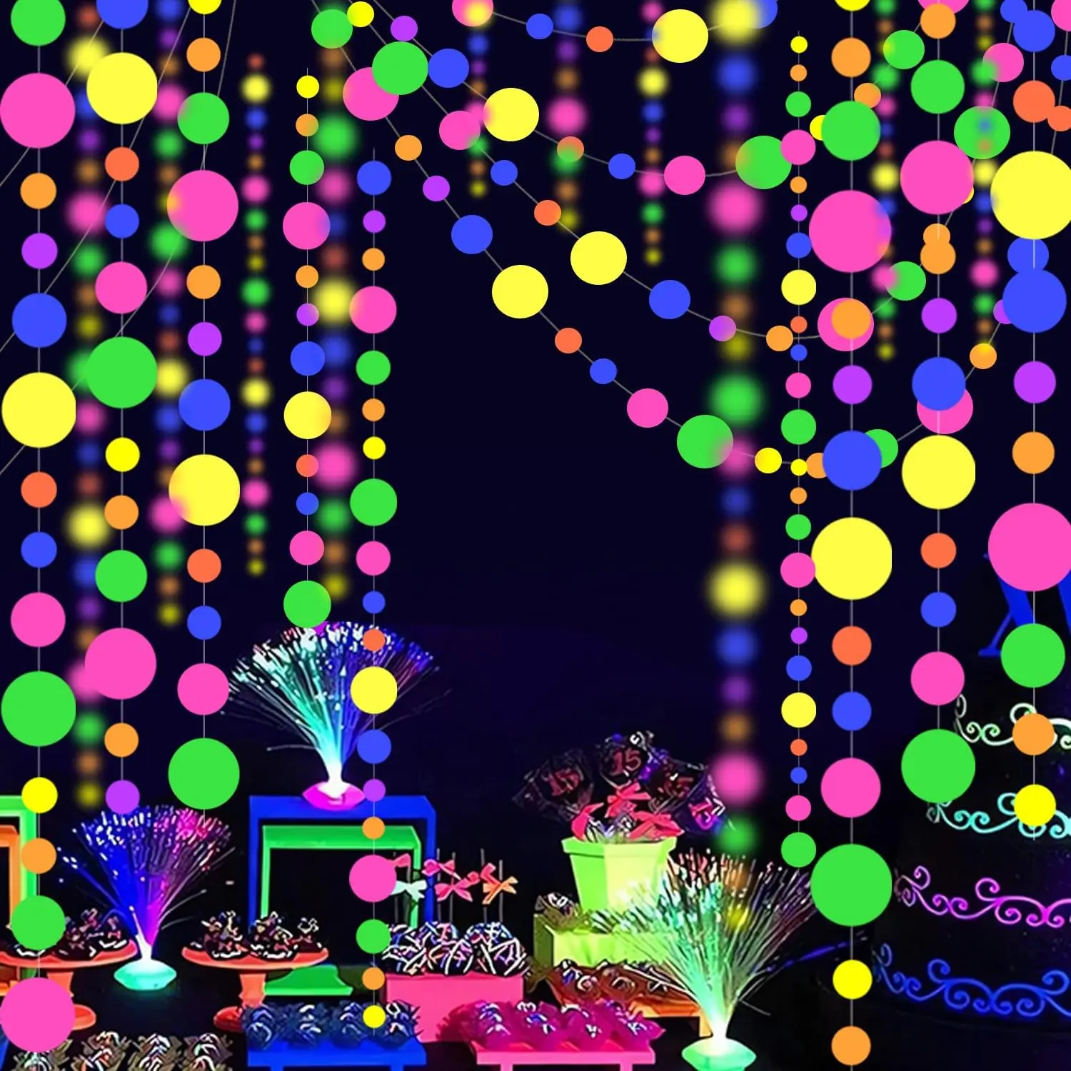 120ft Round Dot UV Neon Hanging Paper Garland Kit, Glowing Blacklight Reactive Fluorescent Decorations for Happy Birthday, Wedding Party Decorating Supplies