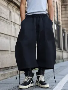 Men's Casual Fitted Drawstring Waist Cargo Pants with Slant Pockets, All-Season Wear, Plain Pattern, Comfortable Daily Use, Casual Street Trousers