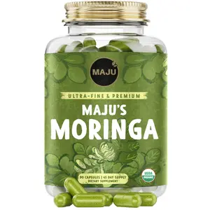MAJU Moringa Capsules (90ct) - Organic, Non-GMO, Raw, Leaves Hand Picked from the Drumstick Tree and Shade-Dried, Natural Healthcare Dietary Fitness Antioxidant Rich Supplement High Potency Supplement