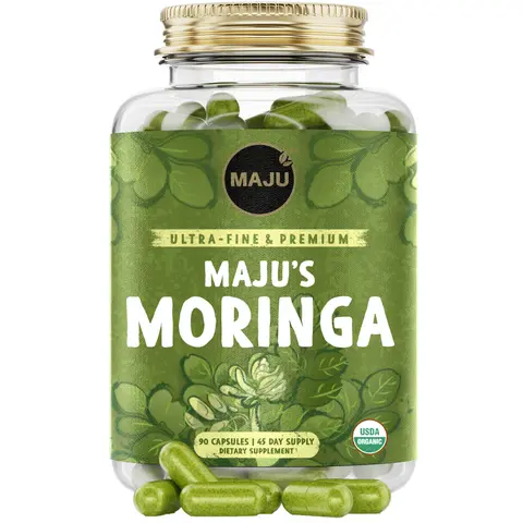 MAJU Moringa Capsules (90ct) - Organic, Non-GMO, Raw, Leaves Hand Picked from the Drumstick Tree and Shade-Dried, Natural Healthcare Dietary Fitness Antioxidant Rich Supplement High Potency Supplement
