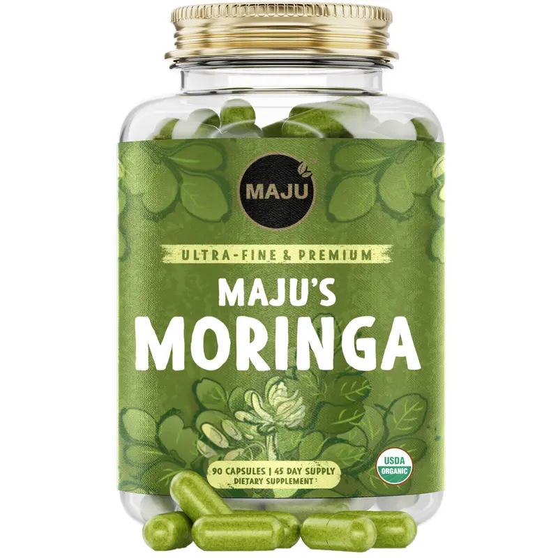 MAJU Moringa Capsules (90ct) - Organic, Non-GMO, Raw, Leaves Hand Picked from the Drumstick Tree and Shade-Dried, Natural Healthcare Dietary Fitness Antioxidant Rich Supplement High Potency Supplement