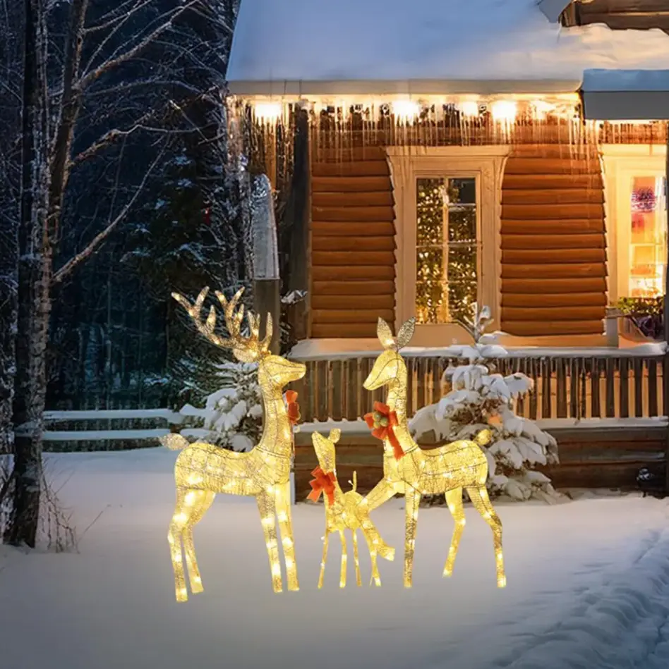 Christmas Lighted Reindeer Outdoor Decor, Family of 3 Light Up Deer Yard Stakes with Warm LED Bulbs & Bowknot, Waterproof Holiday Lawn, Garden, Pathway & Winter Wonderland Display