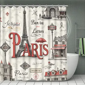 1PC Paris Collage Vintage Style with Eiffel Tower and Café Design, Bathroom Decor with Red and Beige Accents, Suitable for Holiday Home Accessories, Christmas Decoration