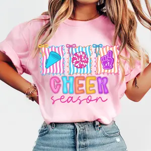 Preppy Cheer Season T-Shirt, Colorful Cheer Mom Shirt , Coquette Cheerleader T-Shirt, Pink Cheer Competition T-Shirt