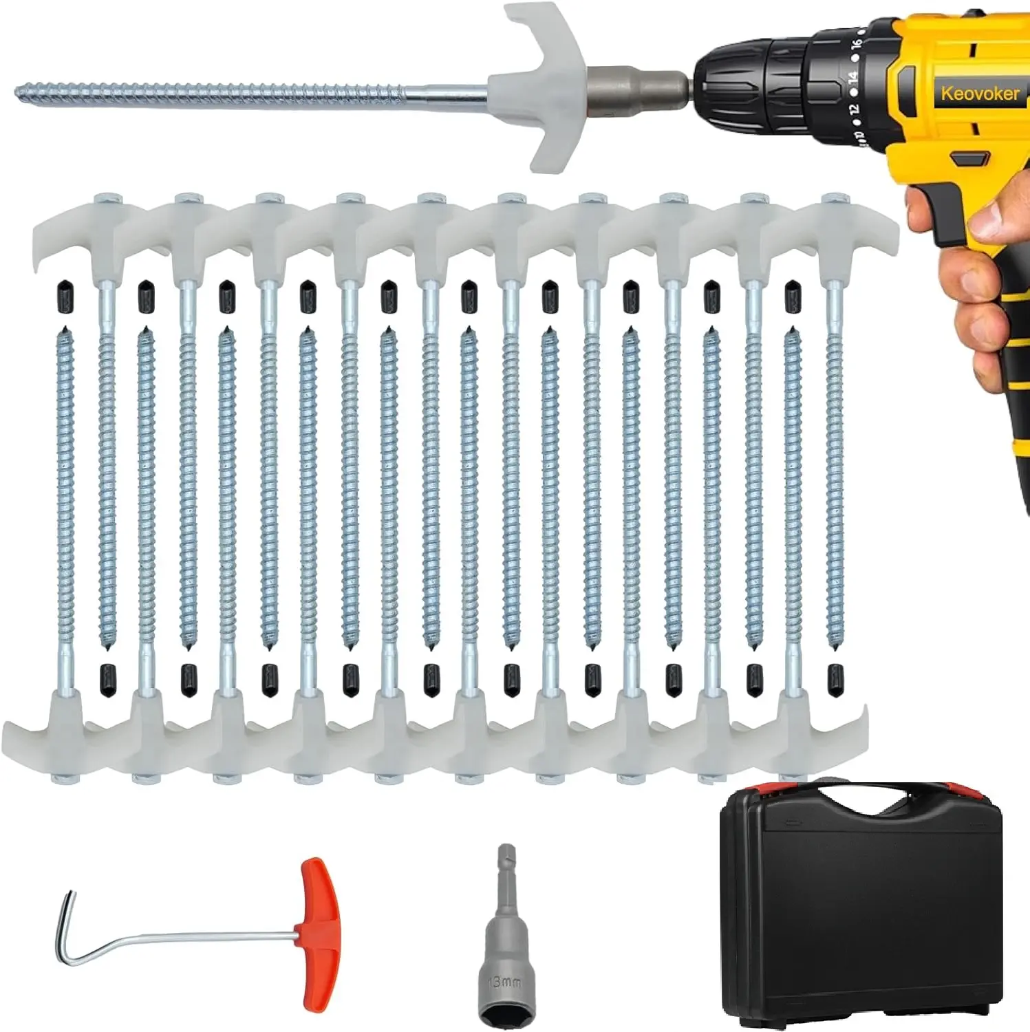 Heavy-Duty Drill-in Tent Stakes, 21-Pack 8-Inch High Carbon Steel Spiral Ground Anchors with Efficient Grip Design for Outdoor Canopy & Portable Shelter, Includes Driver & Bag, Portable Canopy Shelter, Drill-In Pegs, Bag‑Packable