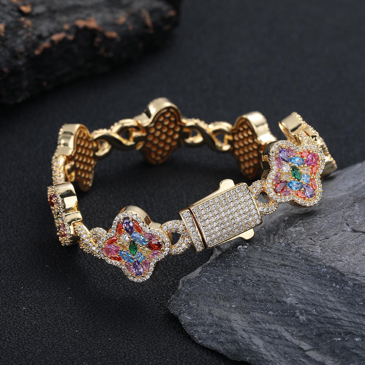 QUEENDO Elegant Classic 4-Leaf Clover Star Bracelet - Copper Base, Multi-Size, Multi-Color Pave Metallic Rhinestones, Unisex Daily Wear Jewelry for Women, Birthday Valentine’s Day Gifts, 4-Leaf Clover Bracelets & Bangles, Plants, Four Leaf Clover Bracelet