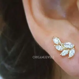 Stone Leaf Cartilage Earring • Tragus Threadless Pushback • Helix Piercing • Dainty Conch Ear Sweep • Elegant Gold Silver Rose Gold Studs