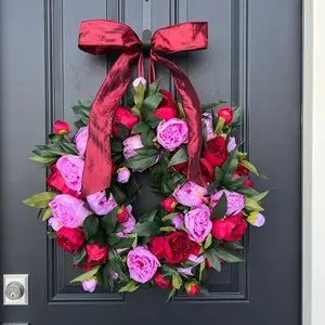 18-Inch Artificial Flower Wreath, and Peony Design, Ribbon Bow, Perfect for Front Door Decoration, Valentine's Day Gift