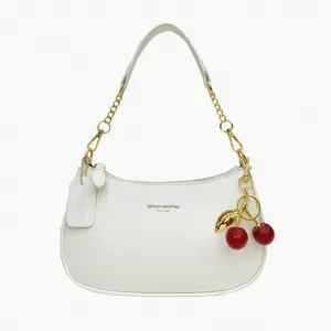 Cute Shoulder Bag with Bag Charms, Fashionable Classic Letter Patterns Pearl Cherry Pendant Decoration Design Solid Color PU Waterproof Fabric Beach Vacation Bag Women's Wallet Handbag Crossbody Bag Crescent Bag Armpit Bag Summer Crescent Bag
