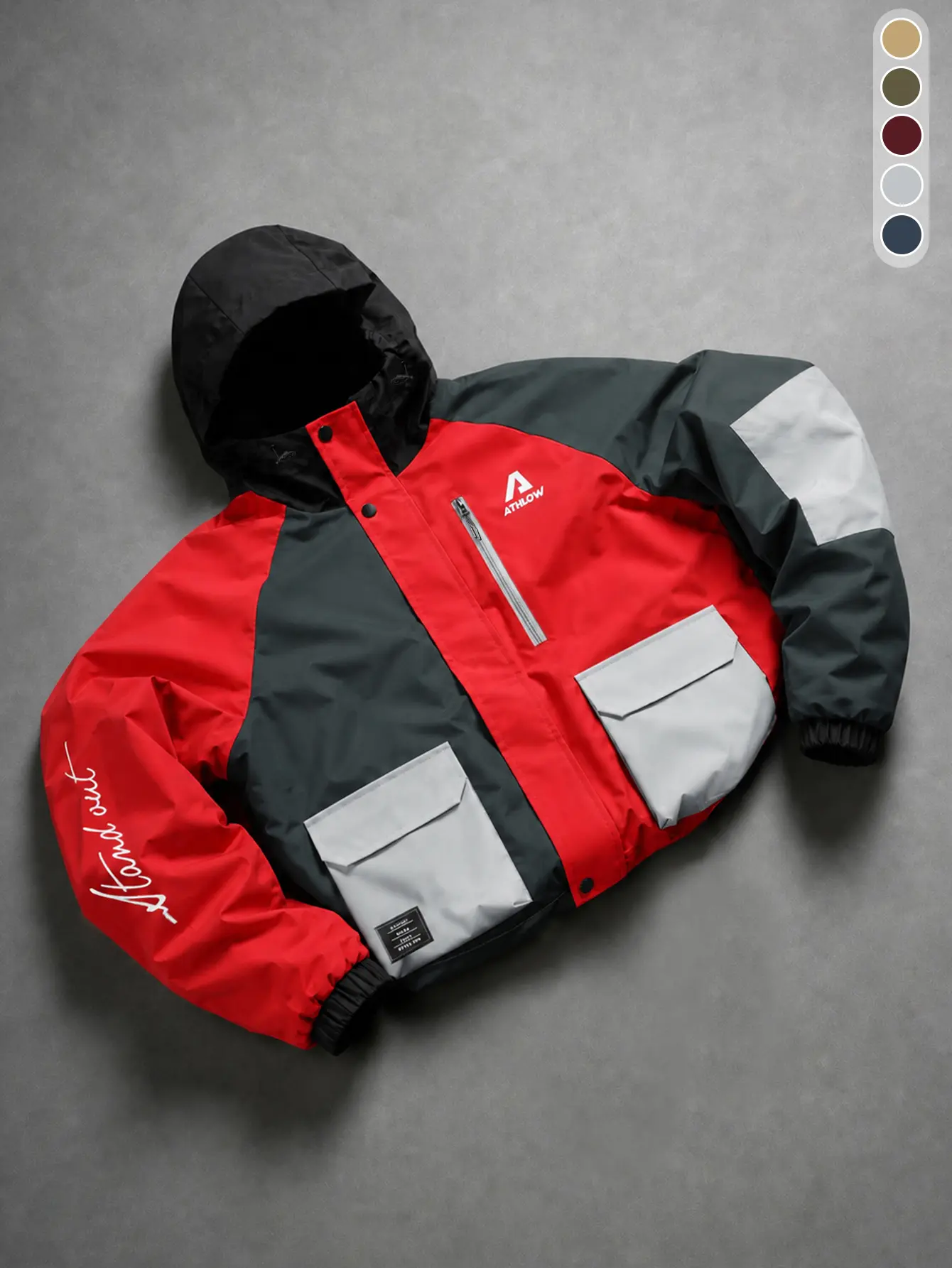 Men’s functional jacket, color-block hooded outerwear, multi-pocket outdoor windbreaker, street-casual outer layer