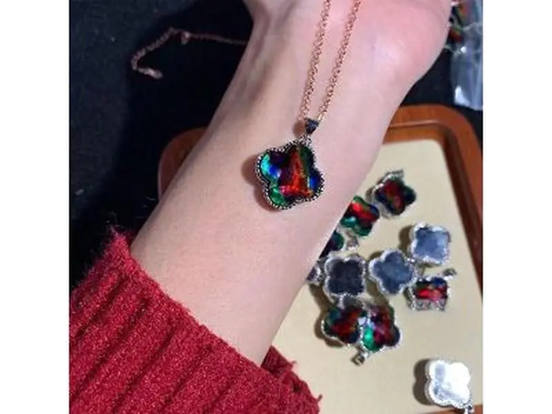Lucky Clover Flower Ammolite Necklace,Korit Miraculous Medal S925 Birthstone Calcentin Necklace