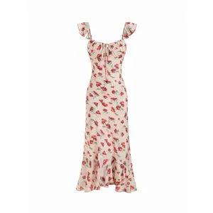Cider Chiffon Floral U-neckline Ruffle Hem Maxi Dress