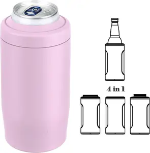 4-in-1 Skinny Can Cooler Double Wall Stainless Steel Insulated Can Holder,Can Coozie, Works With 12 Oz Slim Can,Standard Cans, Bottles & As Pint Cups (Pink)