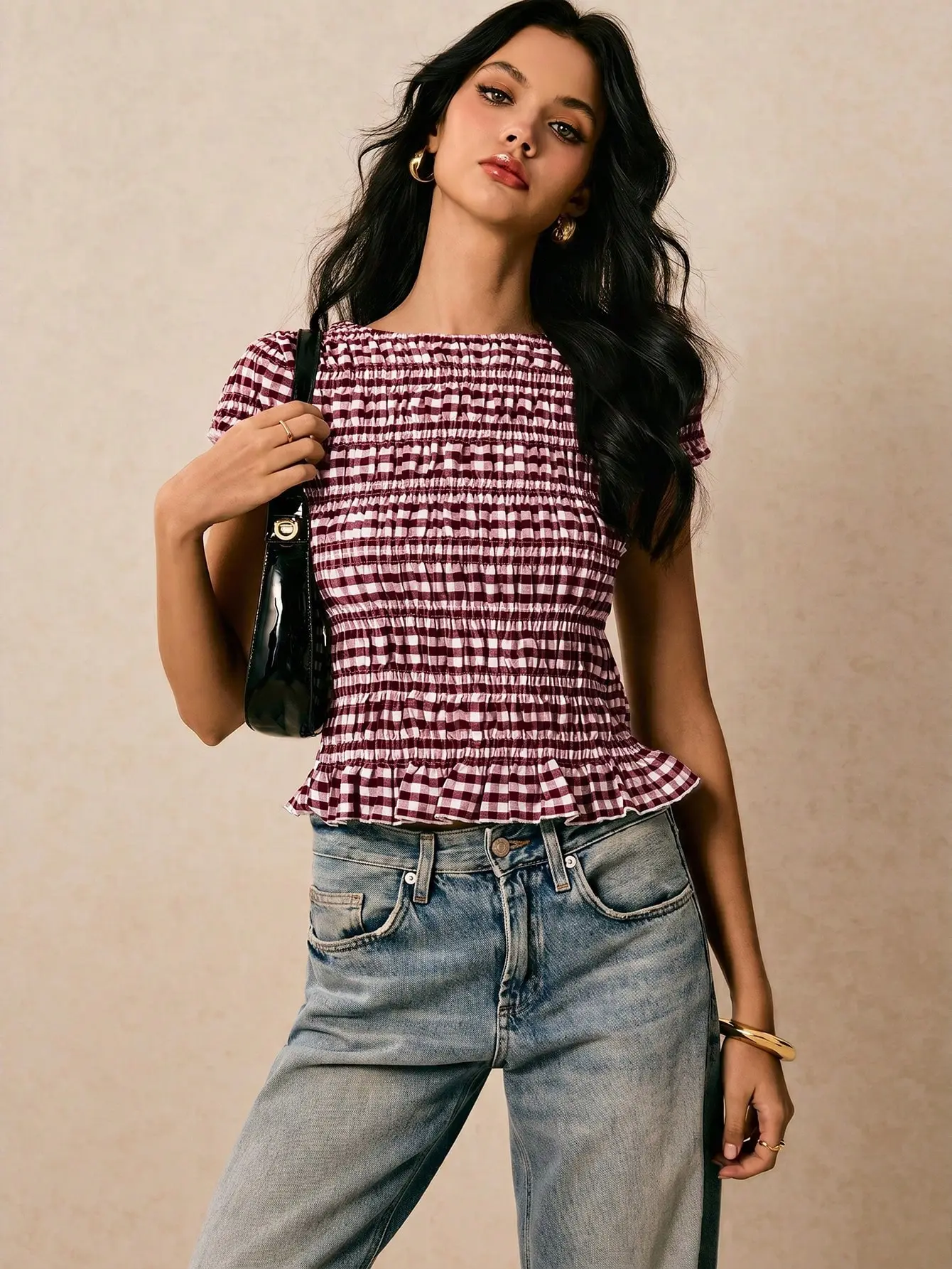 VYNCE Women's Summer Casual Plaid Shirred Slim Fit Shirt Lightweight Cropped Top Everyday Fashion Beach Wear