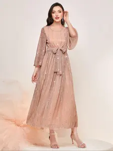 Women's Glitter Sequin Belted A Line Dress, Regular Fit  Elegant 3/4 Sleeve Round Neck Long Dress for Party Holiday Wedding Guest, Ladies Spring & Fall Clothes Womenswear