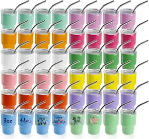 Joyclub 3 oz Mini Tumbler Shot Glass with Straw and Lid 48 Pack Colored Stainless Steel Sublimation Shot Tumblers Cup for Wedding Party Whiskey Favors