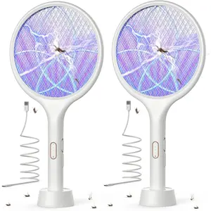 Electric Fly Swatter 4000V Bug Zapper Racket Dual Modes Mosquito Killer with Purple Mosquito Light Rechargeable for Indoor Home Office Backyard Patio Camping (White 2 Pack)