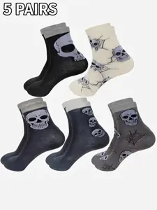 5 Pairs of Mid-Calf Socks Dark-themed Skull & Spiderweb Print Elastic Top Band Breathable & Sweat-wicking Punk & Edgy Style Everyday Wear