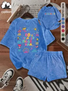 GOD IS BIGGER printed women's suit retro Christian cotton casual Top T-shirt shorts two-piece outfit, street Y2K casual round neck washed cotton fitted suit casual outing, punk style womenswear