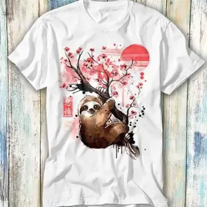 Sloth Red Sun Sakura Japanese Tree T Shirt Meme Gift Funny Top Tee Style Unisex Gamer Movie Music 762 8Q3