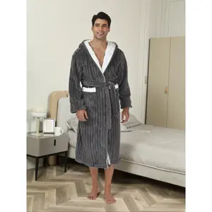 Men's Casual Flannel Hooded Bathrobe, Long Sleeve Warm Sleepwear with Drawstring, Colorblock Design, Fall & Winter Home Wear, Flannel Lounge Robe