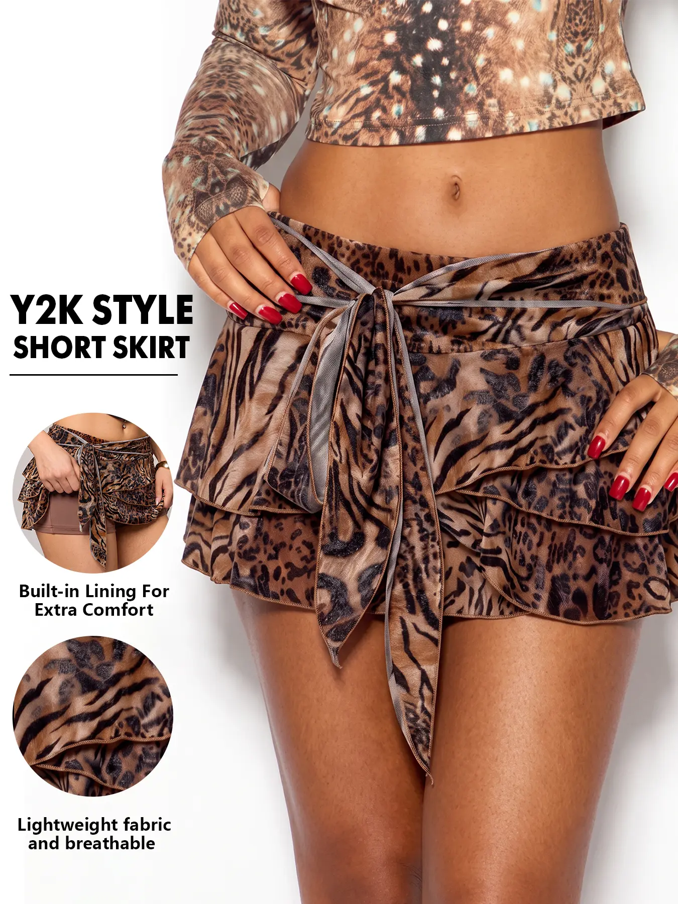 Women's Tiered Ruffle Mini Skirt with Built-in Shorts Lining, Animal Print Tie Front Wrap Skort, Low Waist Layered A-Line Short Skirt for Casual Summer Party Beach Y2K Outfits