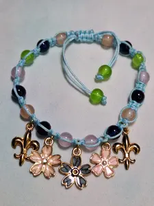 Blue Macramé Bracelet - Multicolored Glass Beads Gold Charms