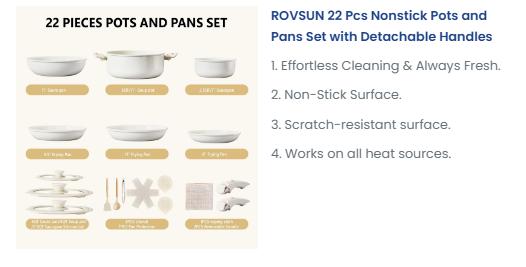 [ FLASH SALE ] ROVSUN 22 Pcs Nonstick Pots and Pans Set with Detachable Handles