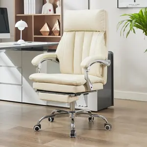 Qulomvs Big and Tall Leather Office Chair with Footrest, High Back Executive Desk Chair with Lumbar Support, Adjustable PU Leather Chairs, Reclining Ergonomic Computer Chair for Home Office (Beige)