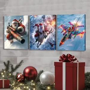 Christmas Wooden Framed Canvas Painting, 3 Counts/set Funny Santa Claus Pattern Wall Art, Wall Decor for Home Living Room Bedroom Office