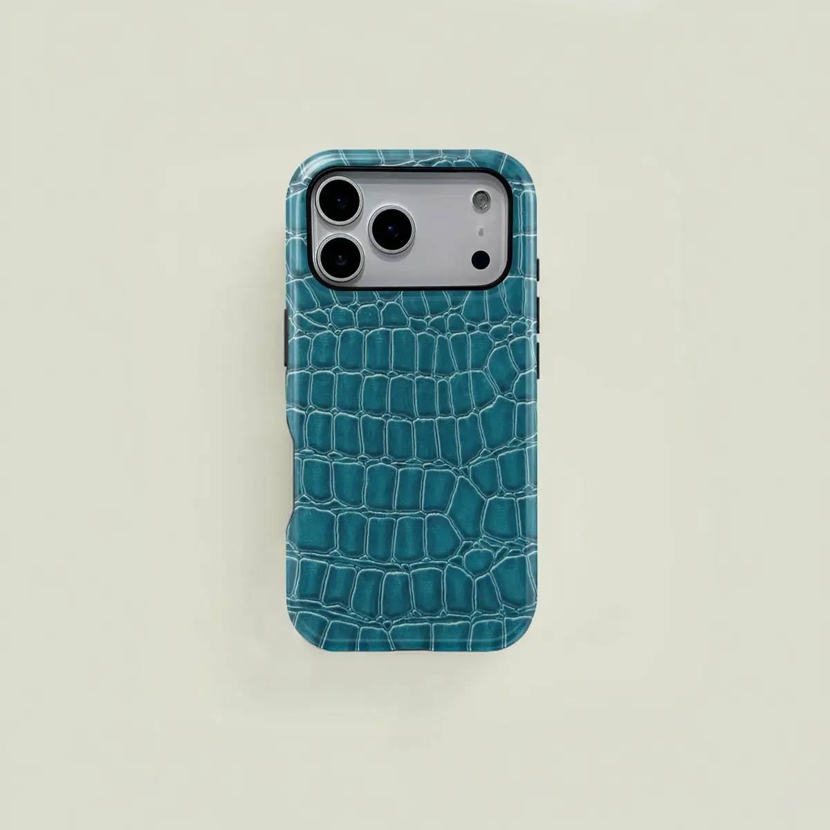 Cyan Retro Mock Croc Leather Textured Protective 2-in-1 Case - Sturdy, Durable Mobile Phone Accessory, Personalized Fit for iOS iPhone Series 17/16/15/14/13/12/11 Pro Max/Plus/Pro