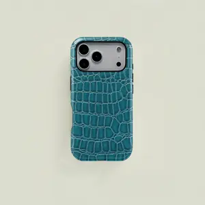 Teal Crocodile Embossed Pattern Phone Case, Dual-Layer Shockproof & Anti-Scratch, Daily Luxury & Chic Gifting, Textured Faux Leather Aesthetic Protective Cover for iPhone 12-16 Pro Max Artistic