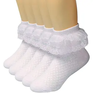 P-SOK018     5 Pairs Toddler Baby Girls Ruffle Lace Socks Eyelet Mesh Cotton Frilly Ankle Soft Dress Kids Princess Socks 2-13T