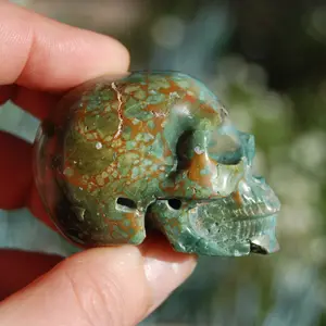 2in Rare Blue Opalized Petrified Wood Carved Crystal Skull, Realistic Gemstone Carving