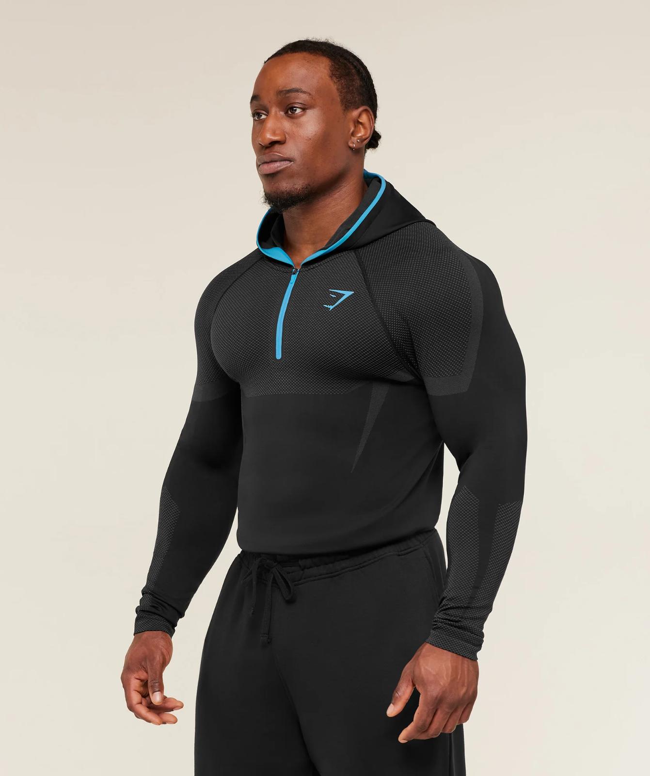 Onyx 5.0 Seamless Hoodie - Black/Blue Men's Fitted Athletic Hoodie for Workout