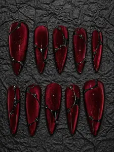Burgundy Cat Eye Press On Nails, Dark Red Chrome Aura Nails with Black 3D Abstract Design