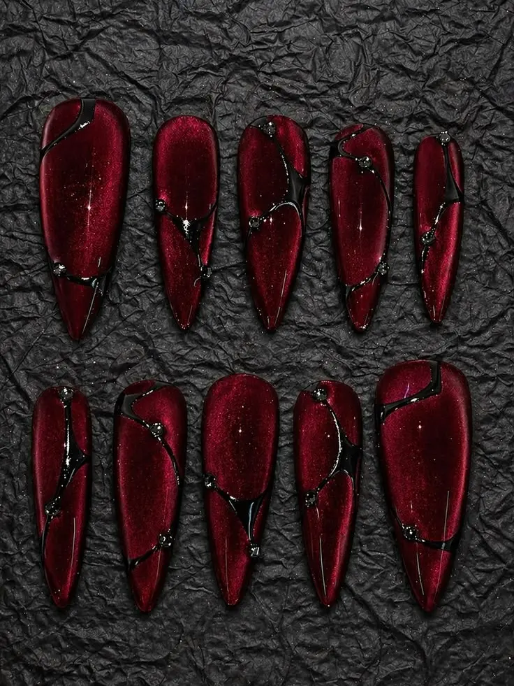 Burgundy Cat Eye Press On Nails, Dark Red Chrome Aura Nails with Black 3D Abstract Design