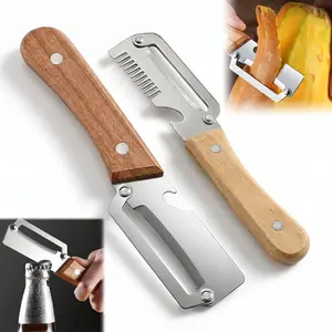 Set of 2 Premium Kitchen Peeler with Wooden Handle, 2-in-1 Multi-Functional Vegetable Peeler for Peeling & Opening Bottles, Durable Kitchen Gadget for Veggie, Fruit, Potato, Carrot, Apple, Home Essential