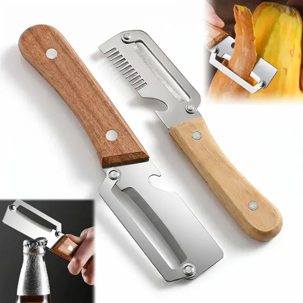 Set of 2 Premium Kitchen Peeler with Wooden Handle, 2-in-1 Multi-Functional Vegetable Peeler for Peeling & Opening Bottles, Durable Kitchen Gadget for Veggie, Fruit, Potato, Carrot, Apple, Home Essential