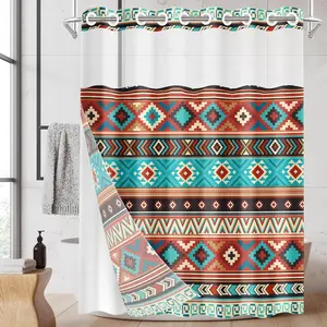 No Hook Aztec Bohemian Shower Curtain with Snap in Fabric Liner Set, Tribal Western Turquoise Double Layers Waterproof Fabric with See Through Top Window Open Grommet Bath Curtain 71x74 Inch