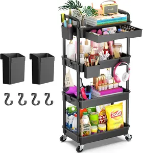 4 Tier Rolling Utility Cart with Removable Drawer, Sturdy Black Storage Organizer with 2 Lockable Wheels for Bathroom, Kitchen, Craft, Makeup & Baby Essentials